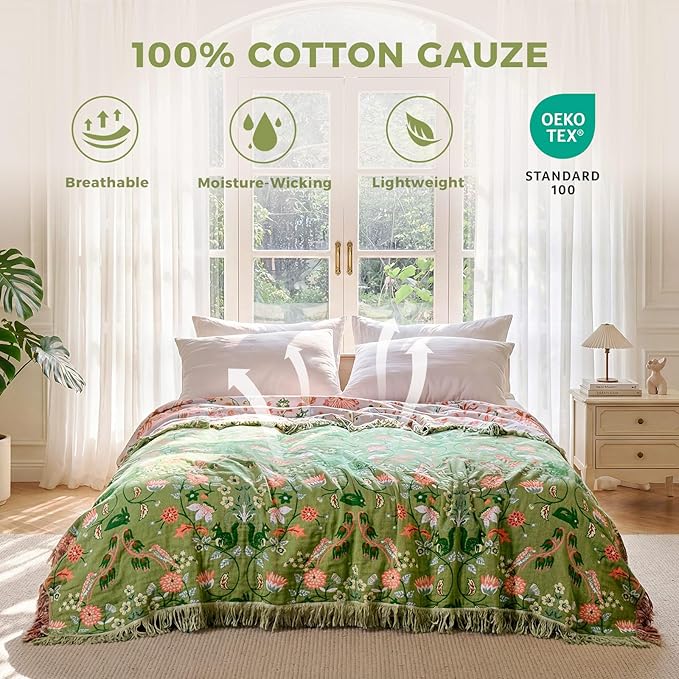 LUTBM Boho Throw Blanket for Bed 60"x80", 100% Cotton Green Couch Blankets | Soft Reversible Floral Animals, All-Season Twin Quilt, For Chair Sofa Living Room Decor, Lightweight & Breathable, Women Gift