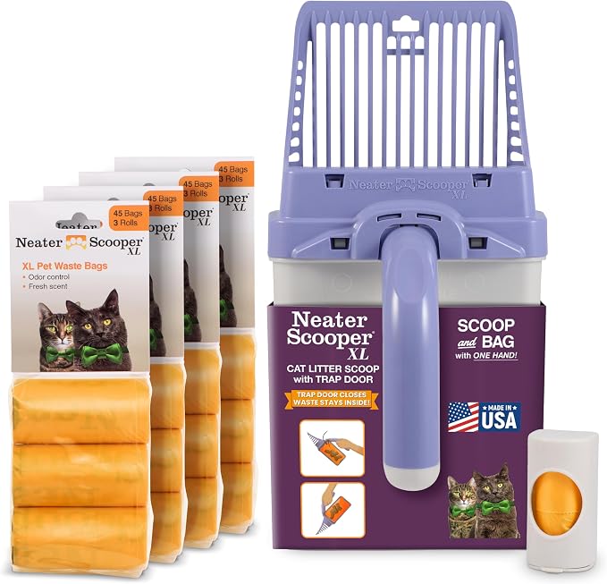 Neater Pet Brands Neater Scooper XL Cat Litter Scoop, 195 Refill Bags – Extra-Large Capacity Mess-Free Cat Litter Scooper with Bag for Large & Multiple Cats, Spill-Proof Litter Box Scooper with Holder