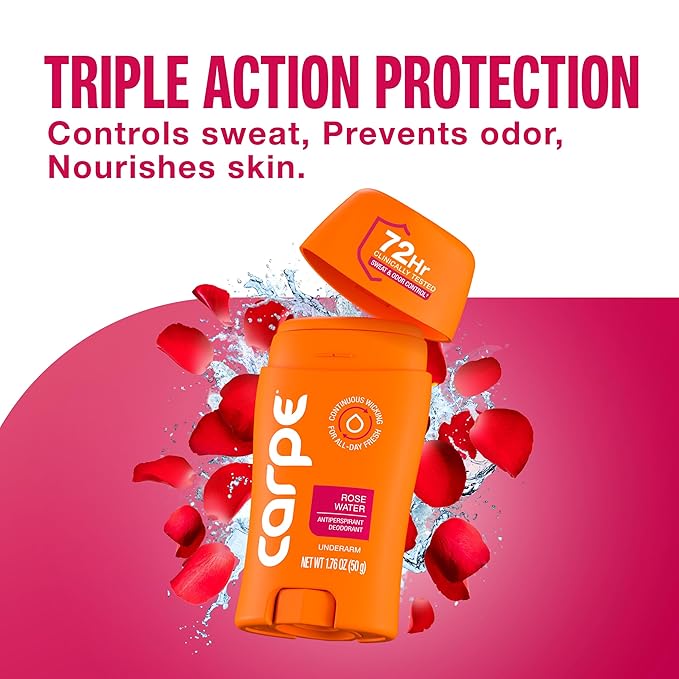 Carpe Underarm Antiperspirant for Women - 72 Hour Sweat & Odor Control - Women's Sweat Control Antiperspirant Deodorant - Extra Strength - Rose Water - 3 Pack