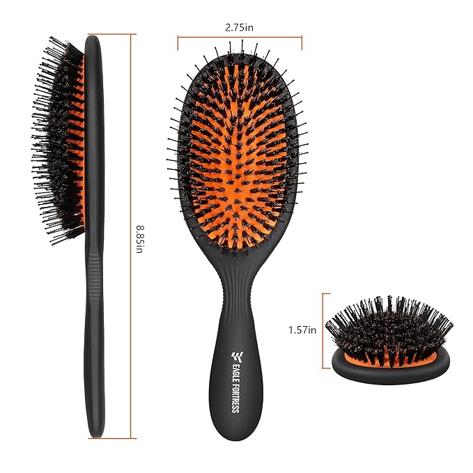Eagle Fortress Boar Bristle Hair Brush for Women, Detangler Brush for Wet, Dry & Damaged Hair with Long Pins for Thick & Long Hair - Boar Black