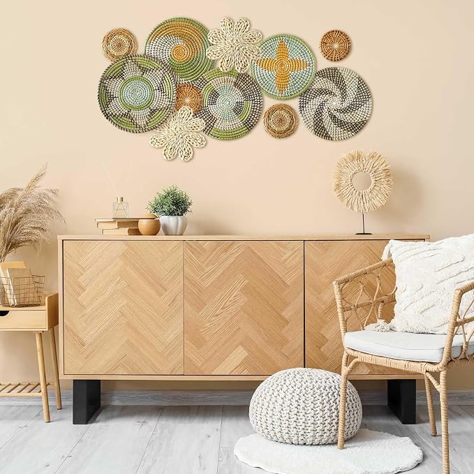 Tatuo 11 Pcs Boho Wall Basket Decor Bulrush Woven Wall Hanging Art Round Farmhouse Rustic Handmade Wicker for Summer Home, Bedroom, Living Room, Kitchen Decorations, Multi Sizes(Stylish)