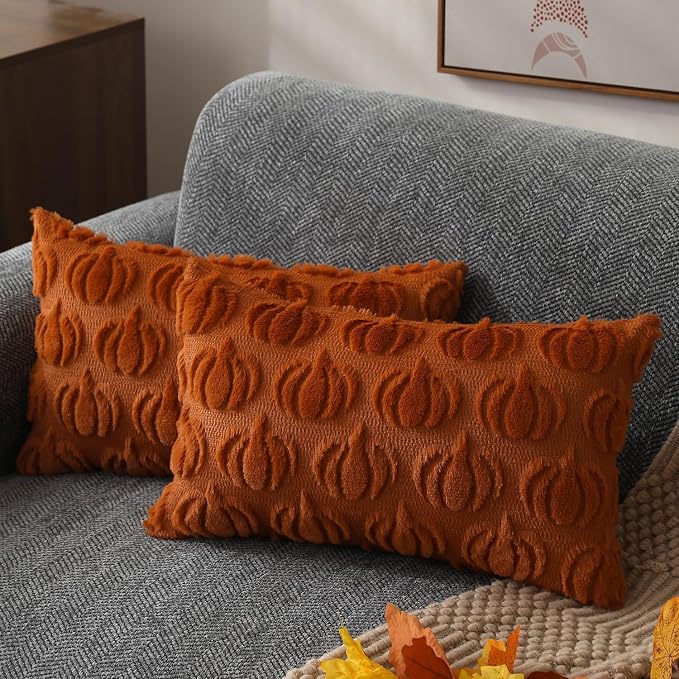 DFXSZ Fall Pillow Covers 12x20 2Pcs Rust Pumpkin Fall Decorations for Home | Fall decor Set of 2 Throw Pillow Cases Soft Plush Faux Fur Wool Couch Cushion for Chair Sofa Bedroom Living Room Home Decor