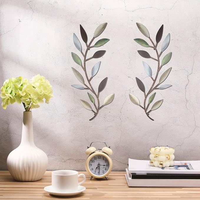 Zhengmy 2 Pcs Metal Leaf Wall Art Vine Branch Decor,Colorful | Olive Branch Metal Decor for Living Room Hallway, Symmetrical Leaf Pair for Doorway Entryway, Lightweight Hanging Art Design