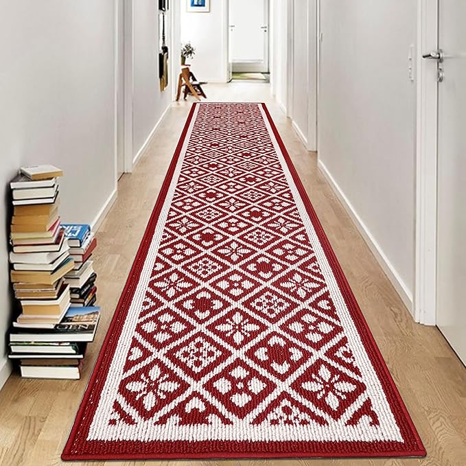 Ileading Runner Rugs for Hallways 2x10ft Heavy-Duty Durable Red Entryway Floor Mat with Non Slip Rubber Backing for Busy Traffic Extended Doormat Machine Washable Kitchen Throw Rug Valentine's Day