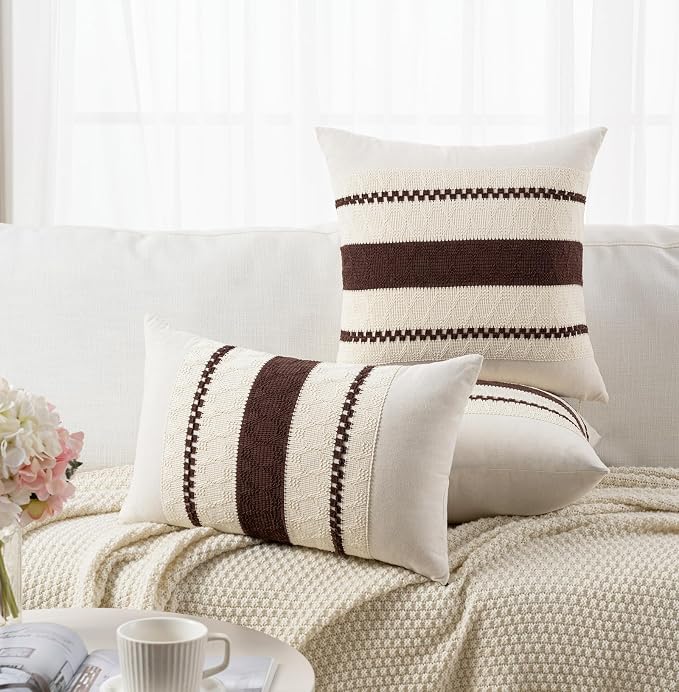 Fancy Homi Set of 2 Boho Brown Long Lumbar Decorative Throw Pillow Cover 12x24 Inch for Couch Bed Sofa Chair, Modern Organic Farmhouse Home Decor, Soft Cotton Cute Accent Rectangle Cushion Case