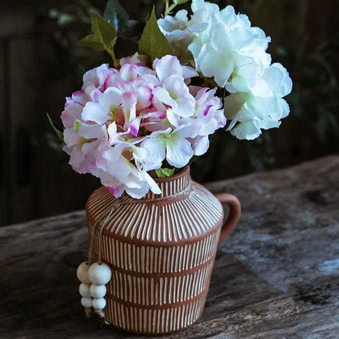 Mowtanco Rustic Farmhouse Vase with Handle and Boho Wooden Beads - Terracotta Vase with Vertical Stripes for Vintage Home Decor
