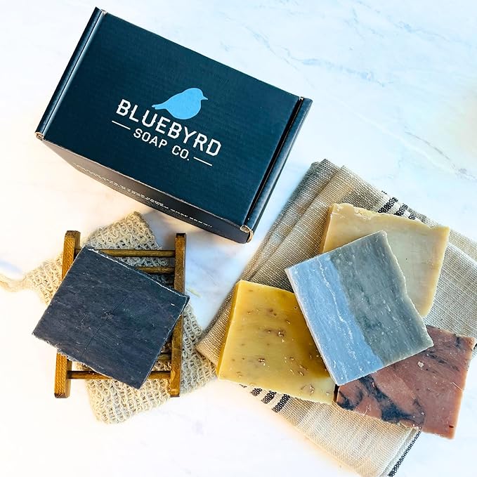 BLUEBYRD Soap - Men's Variety Pack Bourbon Soap Bars | Natural Skin Care, Handmade, Cold Process, Organic | Masculine Fragrance- Bourbon Oak, Citrus IPA Beer, Sandalwood Whiskey, Charcoal (Bourbon)