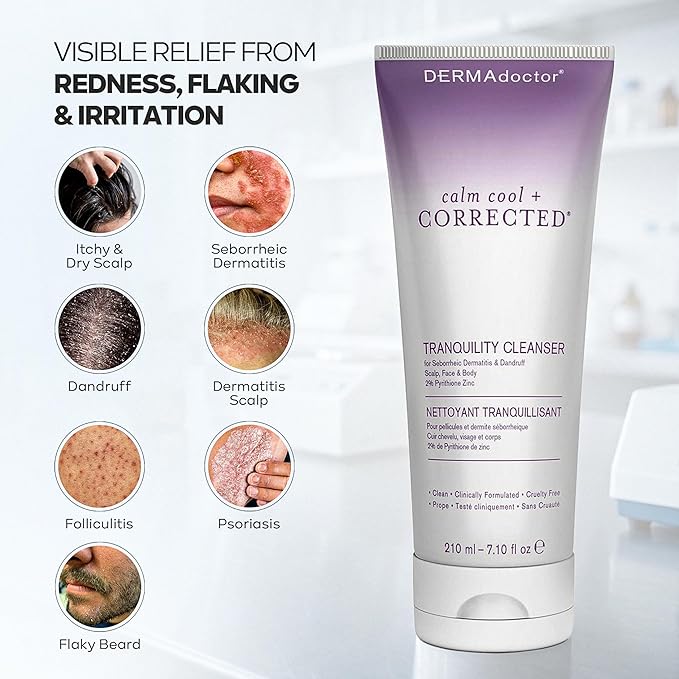DERMAdoctor Seborrheic Dermatitis Shampoo – 2% Pyrithione Zinc Face Wash, Dermatologist Formulated Anti Dandruff Shampoo for Women, Itchy Scalp Treatment for Hair, Beard, Face & Body – 7.10 oz