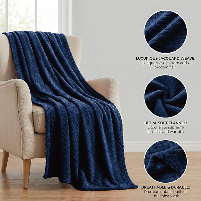 Exclusivo Mezcla Soft Fleece Blanket King Size, Cozy Lightweight Blankets with Decorative Wave Textured Suitable for All Season Use, Navy Blue, 90x104 Inches | 90"x104" Breathable Lightweight Flannel Blanket for Summer, Plush Cozy Jacquard Wave for Hom...