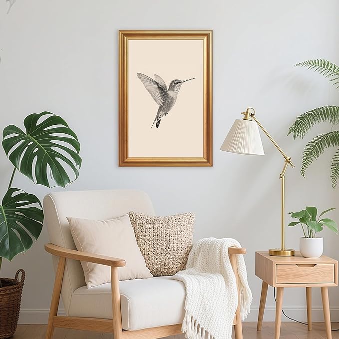JLTULT Vintage Hummingbird Wall Art, Gold-Tone Framed Canvas, 16 x 24 In | Black-and-white hummingbird art on fade-resistant canvas with a ready-to-hang gold-tone PS frame for bedrooms and offices