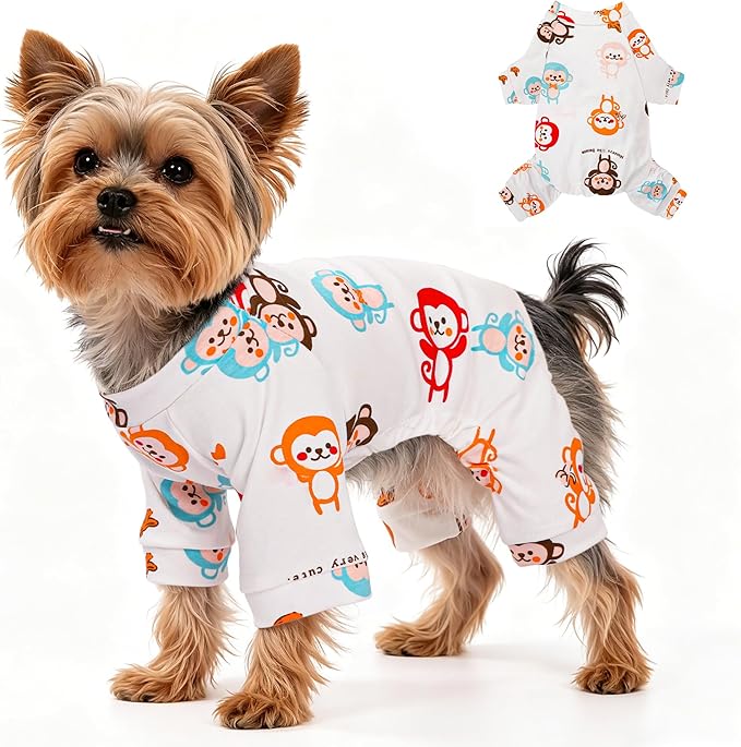 Dog Pajamas Comfy Dog Clothes for Small Dogs, 100% Cotton Dog Pjs Stretchy Breathable, Comfy Soft Pet Onesie Designed for Extra Small Sized Dogs Boy Girl Pet Jammies Outfits (Monkeys, X-Small)