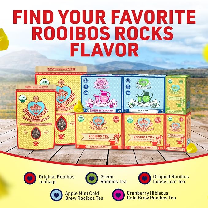 Caffeine Free Organic Rooibos Tea Bags 80 - Naturally Sweet Herbal Tea Safe for Kids & Pregnant Women – Low Tannin Premium South African Tea Red Tea - Sustainably & Ethically Farmed Red Rooibos Tea