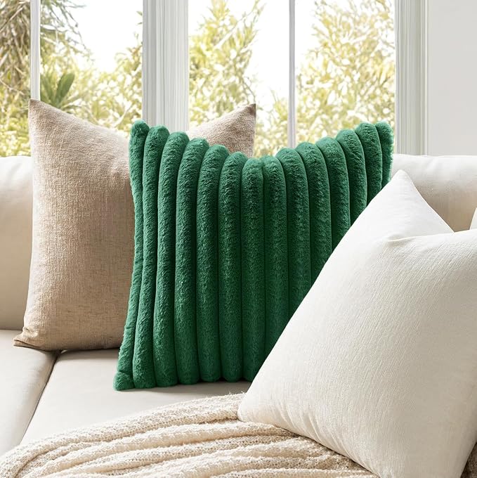 MIULEE Faux Fur Decorative Throw Pillow Covers 18x18 Set of 2 Dark Green | Modern Soft Plush Couch Pillows, Cozy Fluffy Cushion Covers for Sofa Bed Living Room Home Decor