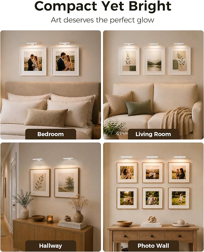 EZVALO Picture Light for Wall, Rechargeable 2400mAh Lights Wireless with IR Remote, 3 Color & Dimmable Magnetic 7.8'' LED Lights Display for Painting, Living Room, Gallery, Bedroom(White-3P)