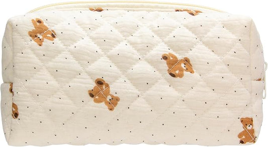 PAZIMIIK Small Quilted Makeup Bag,Zipper Cosmetic Pouch,Gauze Bear | Lightweight Cosmetic Bag Organizer for Women,Purse Storage Holds Makeup,Toiletries,Skincare,Beauty Essentials,Travel Items