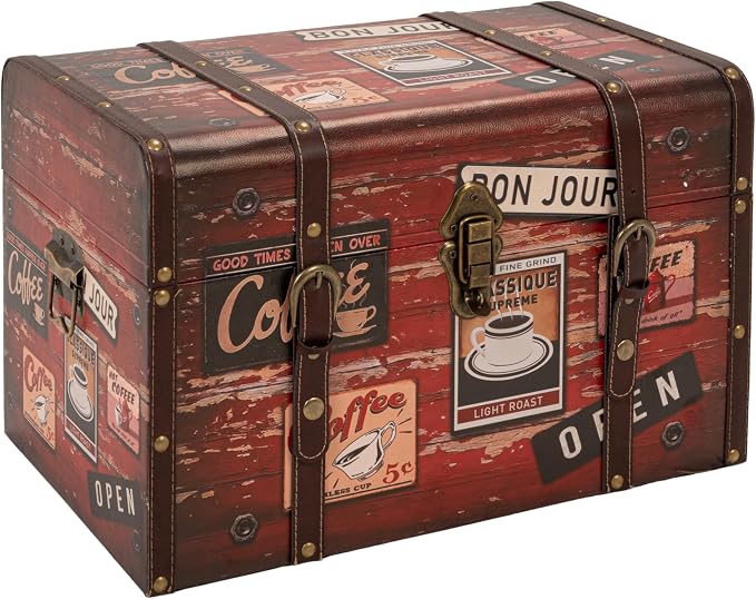 Household Essentials Medium Decorative Storage Trunk Faux Decoupage with Leather and Metal Accents, Antique Brown