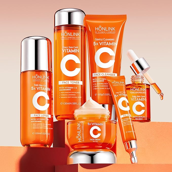2 Box Glown 6-Piece Hydrating Skincare Set with Vitamin C & Niacinamide,HONLINK Face Care Kit Includes Toner, Faical Serum,Cleanser,Moisturizer, Eye Cream & Body Lotion (Face Set x 2)