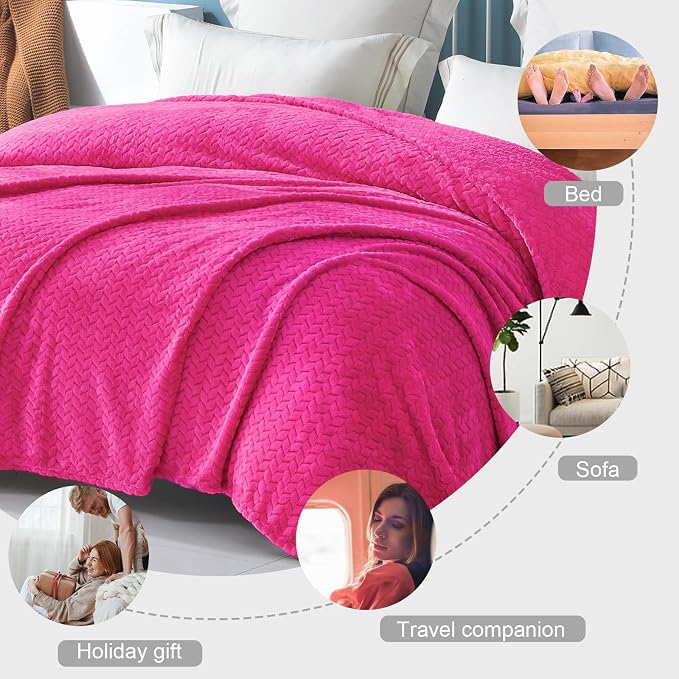 Exclusivo Mezcla Soft Fleece Bed Blanket King Size, 90”x104”, Hot Pink | Cozy Fluffy Lightweight Blankets for Summer, Decorative Plush Flannel Throws for Living room, Bedroom with Leaves Pattern