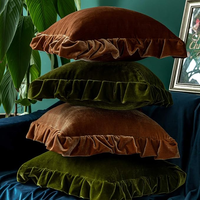 Glory Season Velvet Throw Pillow Cover Soft Decorative Luxurious Solid Square Cushion Case for Sofa Couch Bedroom Farmhouse,Pack of 2, 18 x 18 Inches, Olive Green