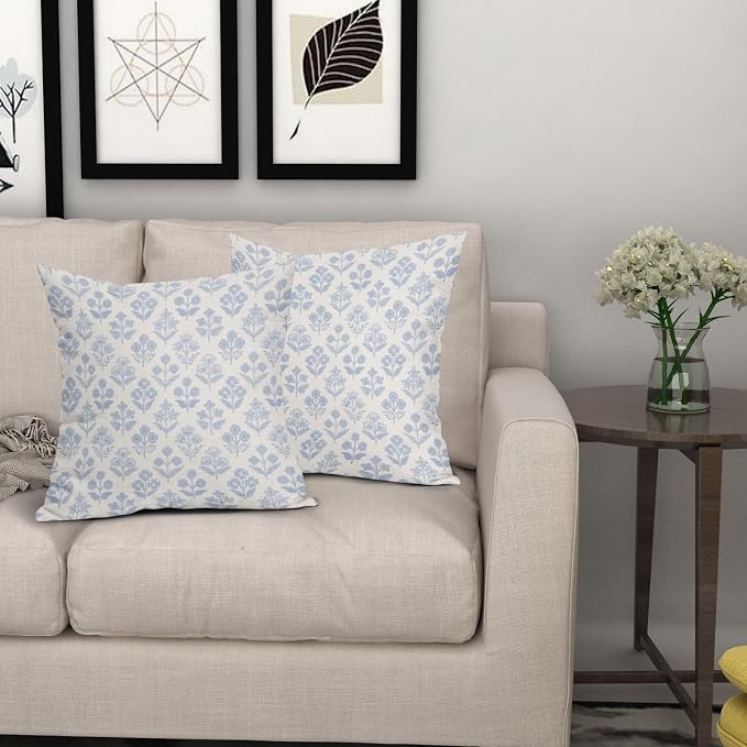 Baby Blue Floral Pillow Covers 16x16 Inch Set of 2, Vintage Flower Block Print Pattern Decorative Throw Pillowcases Outdoor Farmhouse Cushion Covers Spring Summer Rustic Sofa Couch Bed Decor