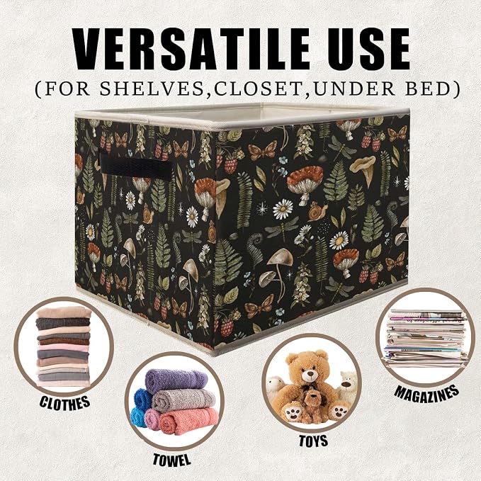 Dark Floral Mushroom Storage Bins Basket, Dark Cottagecore Botanical Insect Collapsible Fabric Storage Box Organizer Toybox for Bedroom Bathroom Clothes Books Toys