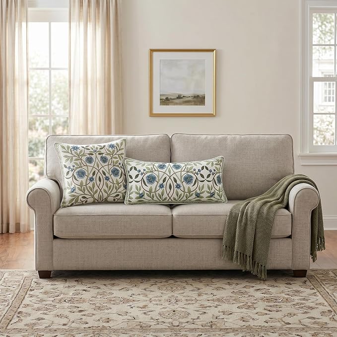 Designer Linen Throw Pillow Cover,Set of 2,20"x12"-Mosella A | French Elegant Rectangle Decor Pillow Cover,Concealed Zipper Design,Floral Pattern,Sofa,Bedroom,Living Room,Lounge Chairs