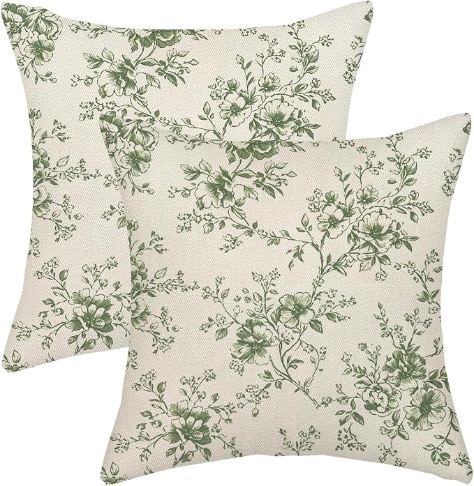 Sage Green and Cream Flower Pillow Covers 18x18 Set of 2 Chinoiserie Floral Decorative Throw Pillows Vintage Toile Flower Pillowcase Linen Outdoor Farmhouse Cushion Cover for Couch Sofa Decor