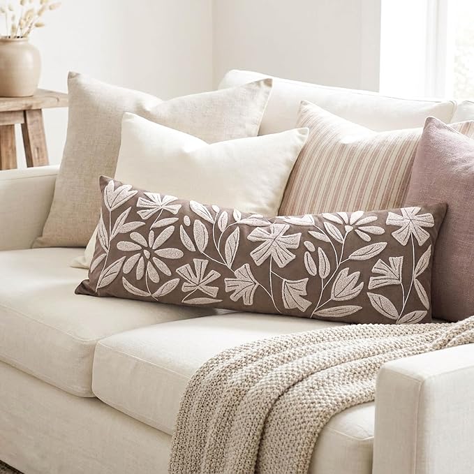 Long Lumbar Pillow Cover 14x36 for Bed, Taupe Brown Floral Tufted Velvet Accent Oversize Throw Pillowcase for Bedroom, Cover Only