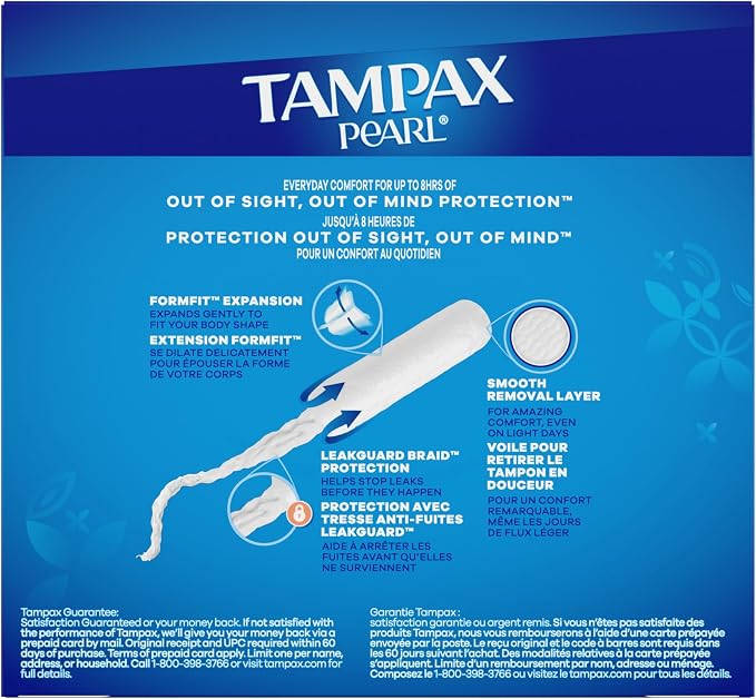Tampax Pearl Tampons for Women, with LeakGuard Braid, Light Absorbency, Unscented, 36 Count