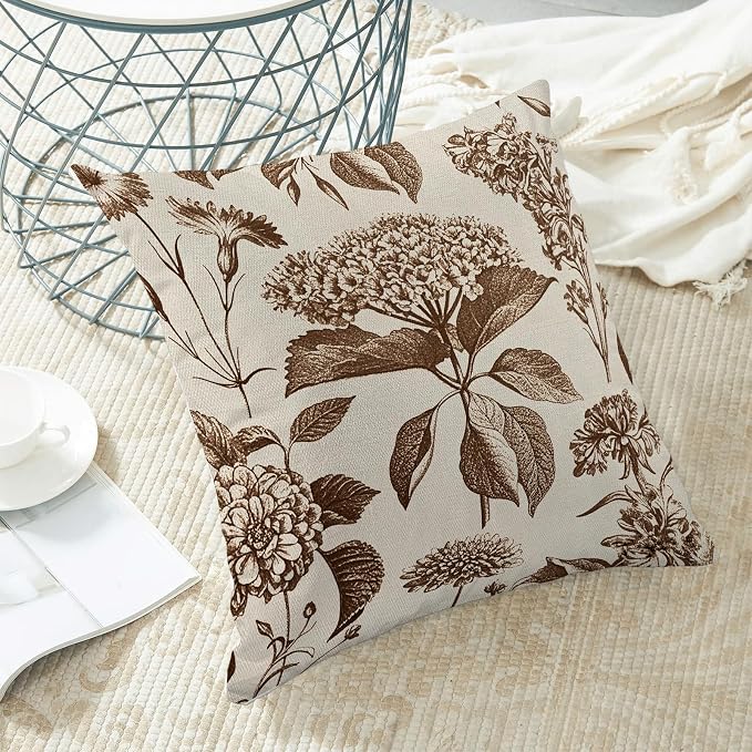 Floral Pillow Covers 18x18 Set of 2 Vintage Brown Hydrangea Herbs Botanical Throw Pillow Cover Outdoor Decoration Boho Flower Pillowcase Farmhouse Decorative Cushion Case for Home Sofa Couch