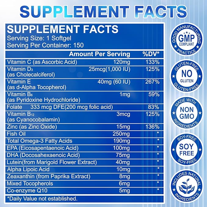 Lutein and Zeaxanthin Supplement - Eye Vitamins, 40 mg Lutein & 8 mg Zeaxanthin with Vitamins C, E, Zinc, Omega-3 & CoQ10 for Blue Light Protection, Eye Health Support, Eyebright  - 150 Softgels