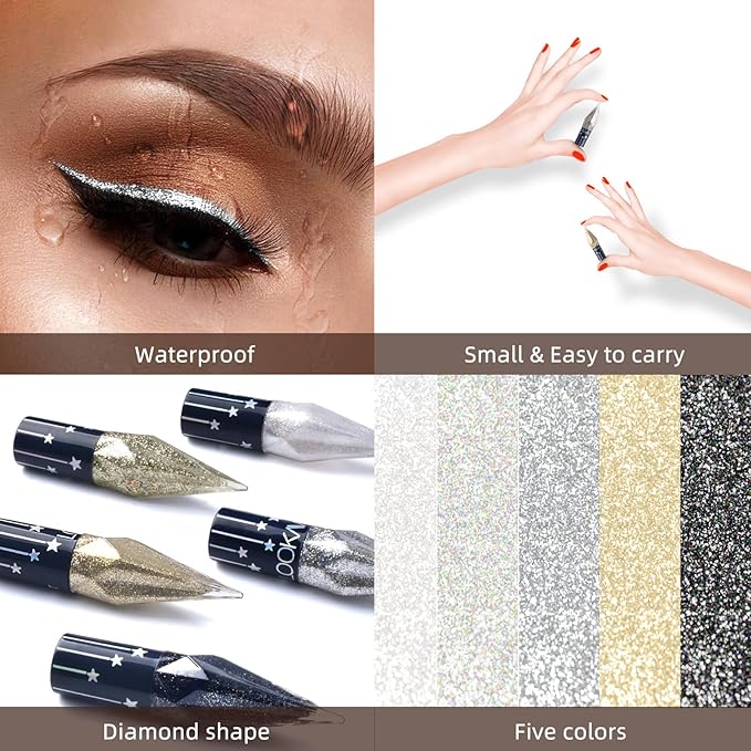 Glitter Liquid Eyeliner Colorful Set, 5 Colors Metallic Shimmer White Black Silver Gold Grey Eyeliner Waterproof Long Lasting Sparkle Glitter Liquid Eyeshadow Dazzling Valentines Eye Makeup for Women