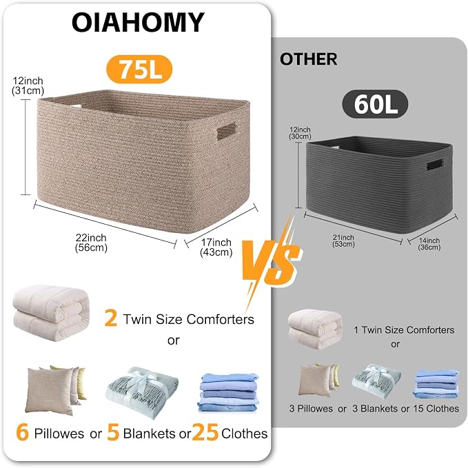 OIAHOMY 75L Large Blanket Basket, 22”x17”x12” Woven Cotton Rope Storage Basket with Handle for Organizing Blanket and Toys for Living Room, Nursery, Brown Variegated