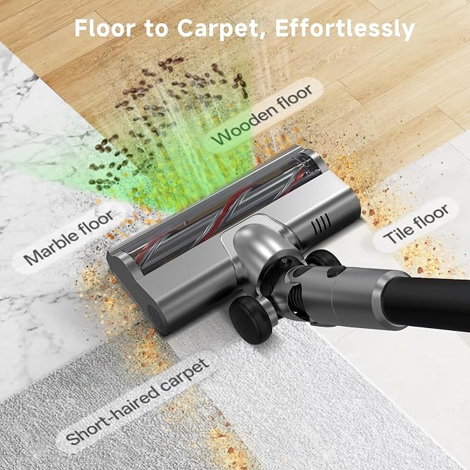 Cordless Stick Vacuum Cleaner - 45KPA Powerful Suction Vacuum with 45 Min Runtime, Detachable Battery, Anti-Tangle & 1.5L Dust Cup, 8 in 1 Vacuum Cleaner for Pet Hair, Carpet, HardFloor, Silver