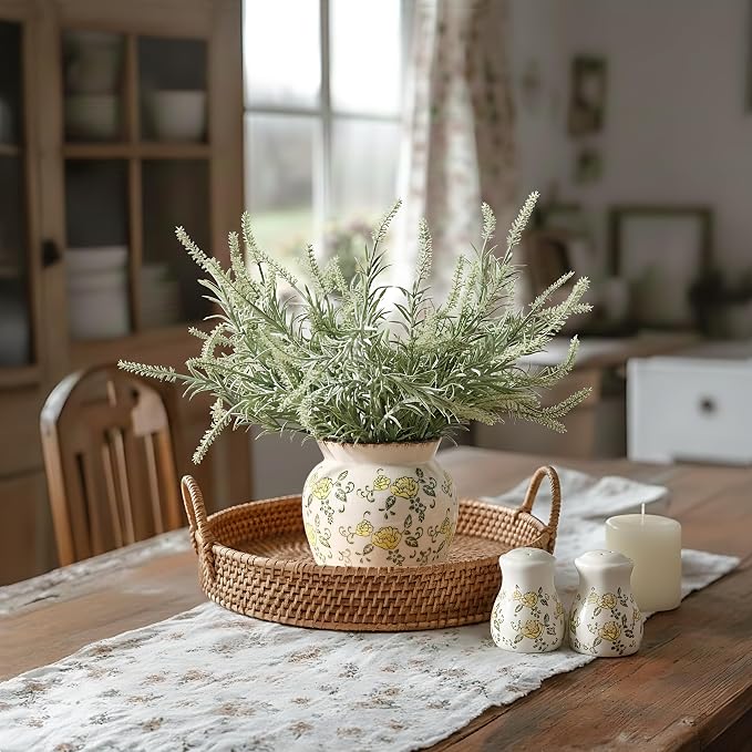SIDUCAL Ceramic Yellow Rose Floral Vase with Wide Mouth Lace, 4.84 Inch Cracked Chinoiserie Rustic Farmhouse Vases, Pastoral Retro Vase for Home Decor, Table, Living Room, Bathroom, Shelf, Wedding