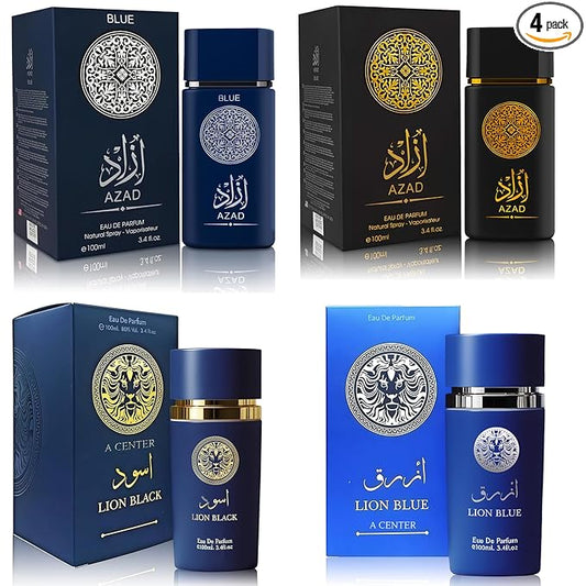 A CENTER Cologne for Men Set of 4PCS Combo Scent Inclue AZAD&AZAD Blue&Lion Black&Blue 100Ml Each Fragrance Gift Set for Men All Day Use