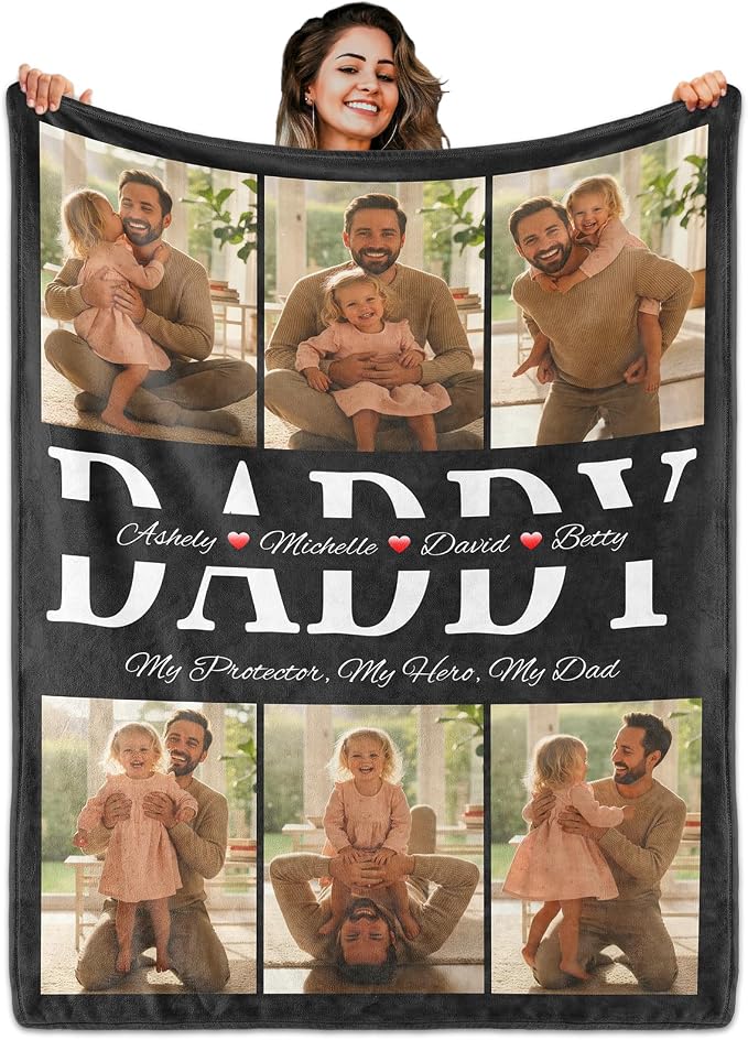 Fathers Day Birthday Gift for Dad Custom Blanket with 6 Photo & Text, Personalized Blankets with Picture to My Dad, HD Printing Customized Flannel Throw Blanket Gifts for Best Daddy Grandpa Ever