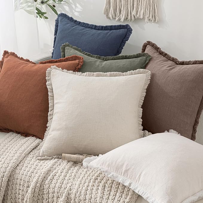 MIULEE Linen Fringe Decorative Fall Euro Pillow Covers Malt Ball 24x24 | Set of 2, Cottagecore Decor, Boho Farmhouse Neutral Throw Pillow Covers, Rustic Fall Couch Cushions for Sofa Bed Living Room