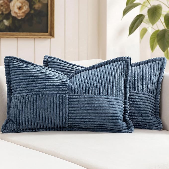 MIULEE Decorative Lumbar Throw Pillow Covers 14x22 Inch Blue 2 Pack | Boho Broadside Striped Patchwork Pillow Covers, Soft Corduroy Cushion Cases, For Couch Sofa Bed Livingroom Home Decor