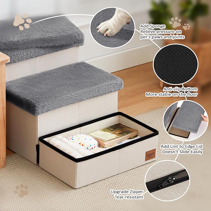 Love's cabin Dog Stairs for High Bed, Foldable Pet Stairs for Small Medium or Large Dogs Puppy with Storage for Bed or Couch, Cat Dog Steps Ramp with Zip up to 200 lbs, Grey, 3 Steps