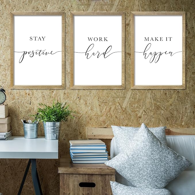 RLWangChao Inspirational Quotes Wall Art Decor 3 Piece 11"X16" Wood | Modern Office, Stay Positive Work Hard Make It Happen Motivational, Framed Sign, Living Room Positive Wall Hanging