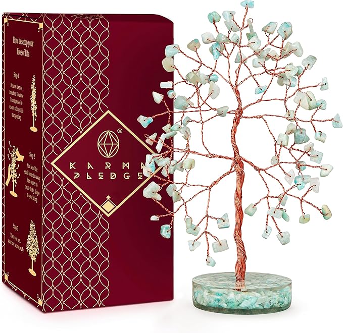 Amazonite Crystal Tree of Life Birthday Gifts for Women, Men, Friends, Handmade Chakra Healing Crystals Tree for Home Office Decor, Positivity, Good Luck, Money, Unique Gifts for Her Mom, Sister, Dad