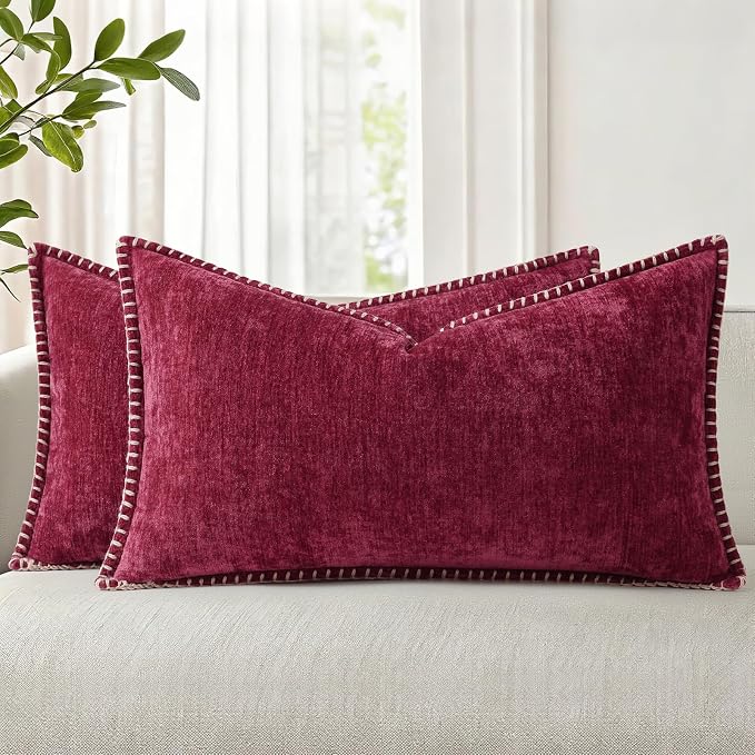 decorUhome Soft Chenille Throw Pillow Covers 12x20 Set of 2 Rhododendron | Fall Textured Decorative Throw Pillow Cases Stitched Edge Modern Farmhouse Luxury Boho Velvet for Couch Sofa Bed Home Decor