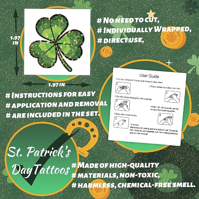 winthrop 240 Pcs Glitter Shamrock Temporary Tattoos for Kids, Individually Wrapped Safety Waterproof Tattoos, Best Choice for St Patrick's Day Classroom gadgets Matching Game Irish Party, 60 Designs