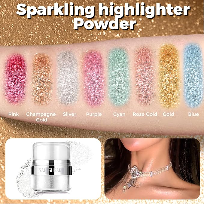 Body Shimmer Powder, Body Glitter Powder with Sponge Head, 3D Contour & Long Lasting Luminous, Glow Highlighter Makeup for Face, Eyes, Hair, Perfect for Daily, Party (Sliver White, 1.13 Oz)