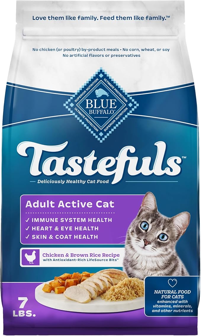Blue Buffalo Tastefuls Chicken & Brown Rice Active Dry Cat Food, 7 lb | Chicken & Brown Rice Recipe, Antioxidant-Rich LifeSource Bits, No Corn, Wheat, or Soy