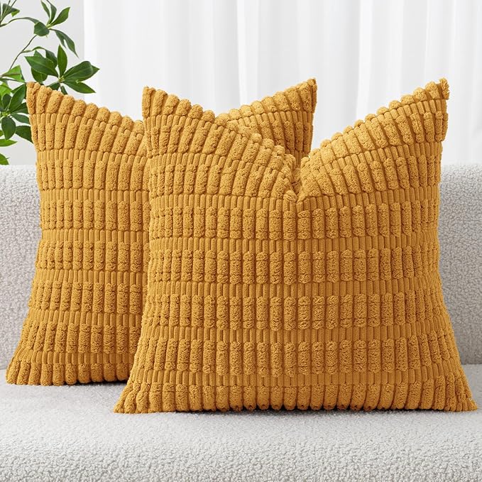 MIULEE Corduroy Decorative Throw Pillow Covers 18x18 Gold Yellow Pack of 2 | Soft Boho Striped Pillow Covers Modern Farmhouse Home Decor For Sofa Living Room Couch Bed