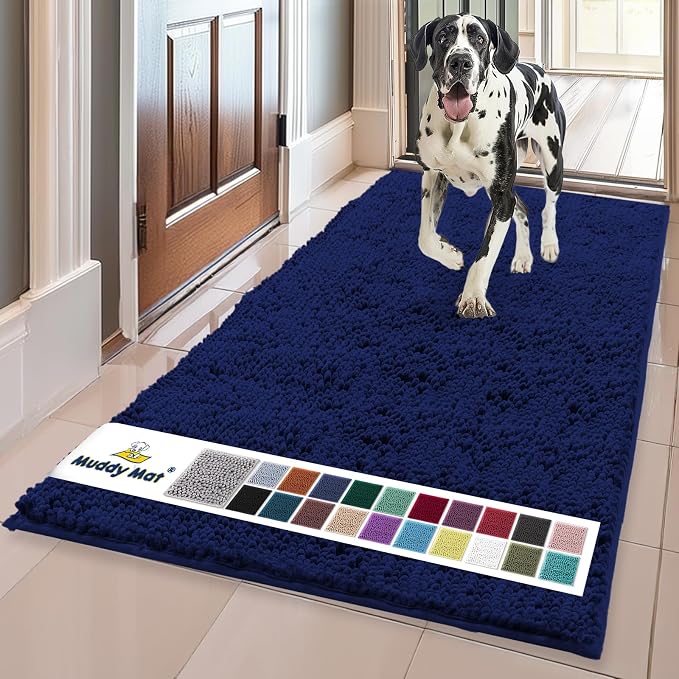 Muddy Mat® | Super Water Absorbent Door Mat Indoor,Microfiber Quick Dry Chenille Entryway Rug,Slip Resistant Front Door Mat,Indoor Mats for Entryway,Machine Washable Pet Rug, Navy Blue Runner 24"x60"
