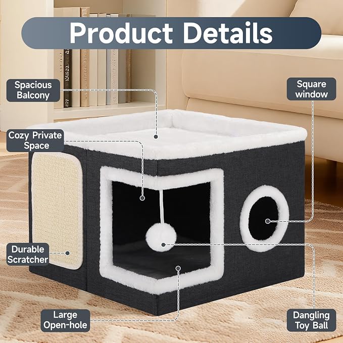 Shikha Cat House Bed for Indoor Cats with Fluffy Ball and Scratch Pad Black | Foldable Large Cat Cave Hideaway with Cozy Condo, Hide and Seek Window, Holds Up to 30LBS, All Season Reversible Cushion