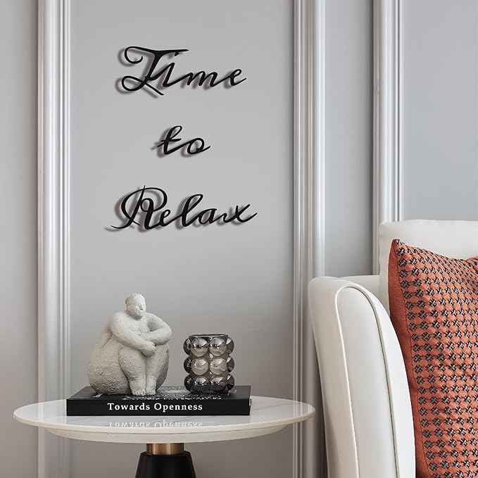 Metal Bathroom Wall Decor, 3D Time to Relax Sign for Spa, Black Letter Art | 3D black metal "Time to Relax" letter art, waterproof & rustproof, creates a soothing spa atmosphere in any bathroom